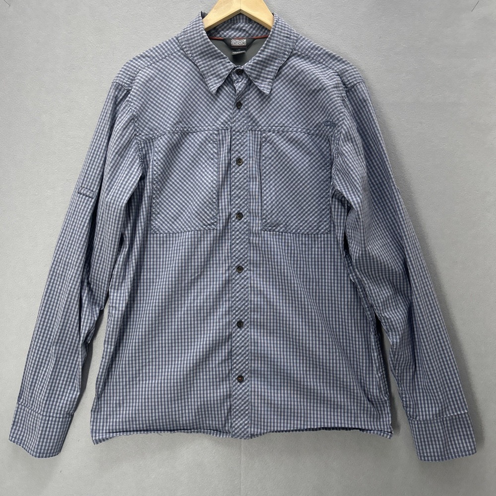 Outdoor Research Baja Sun Shirt Men Large Blue Plaid Long Sleeve Hiking Outdoor